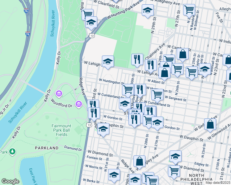 map of restaurants, bars, coffee shops, grocery stores, and more near 2521 North Napa Street in Philadelphia