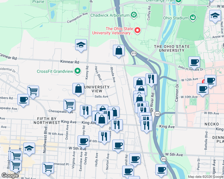 map of restaurants, bars, coffee shops, grocery stores, and more near 886 Sells Avenue in Columbus