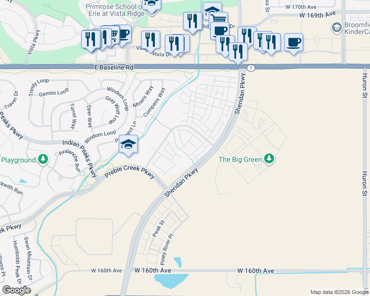 map of restaurants, bars, coffee shops, grocery stores, and more near 16546 Umatilla Place in Broomfield