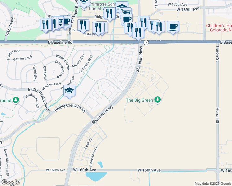 map of restaurants, bars, coffee shops, grocery stores, and more near 16580 Shoshone Street in Broomfield