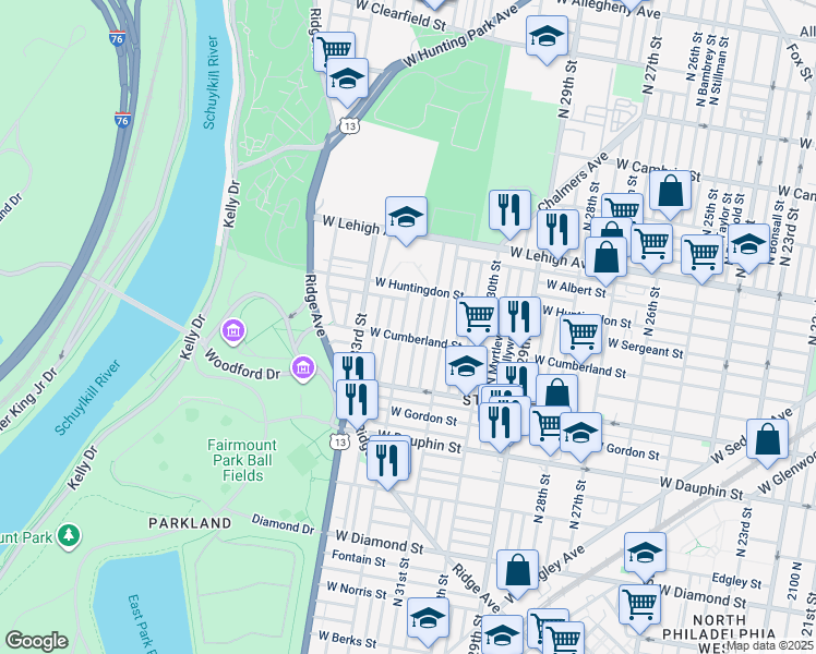 map of restaurants, bars, coffee shops, grocery stores, and more near 2513 North 32nd Street in Philadelphia