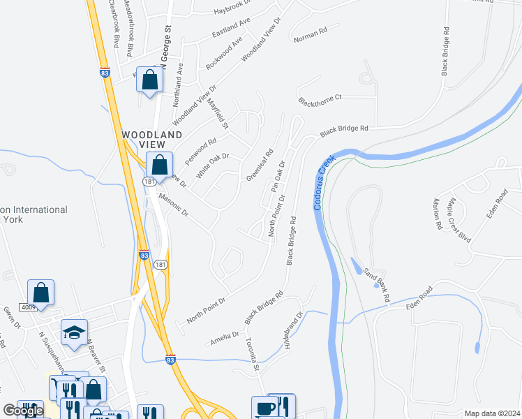 map of restaurants, bars, coffee shops, grocery stores, and more near 2586 Shagbark Court in York