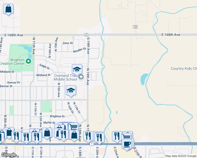map of restaurants, bars, coffee shops, grocery stores, and more near 2135 Overland Drive in Brighton
