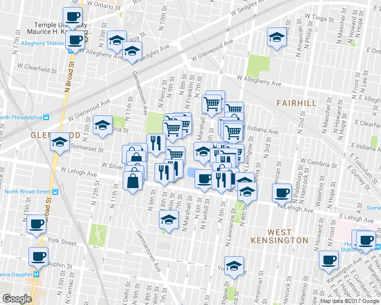 map of restaurants, bars, coffee shops, grocery stores, and more near 2837 North 7th Street in Philadelphia
