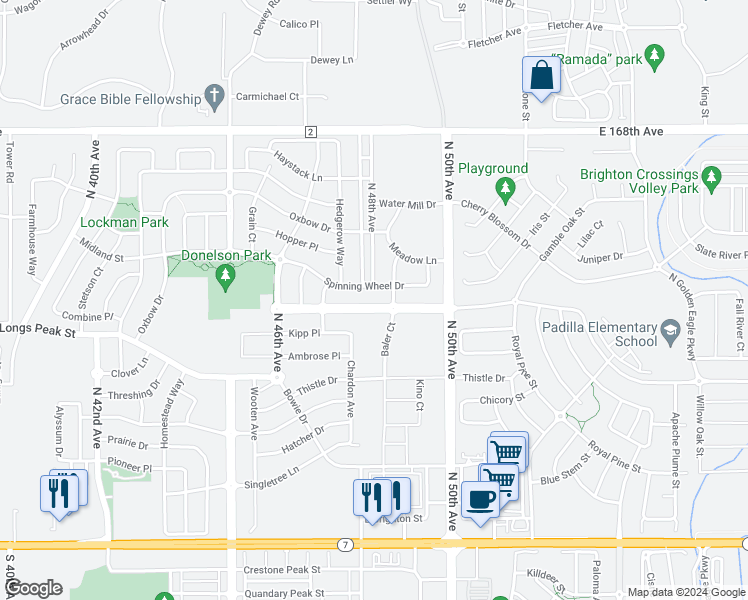 map of restaurants, bars, coffee shops, grocery stores, and more near 4825 Longs Peak Street in Brighton