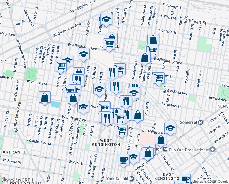 map of restaurants, bars, coffee shops, grocery stores, and more near 2912 North 2nd Street in Philadelphia