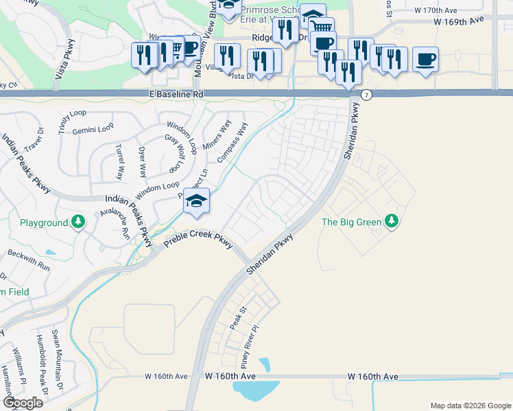 map of restaurants, bars, coffee shops, grocery stores, and more near 2337 West 165th Lane in Broomfield