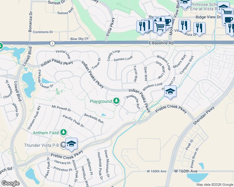 map of restaurants, bars, coffee shops, grocery stores, and more near 3028 Rams Horn Run in Broomfield