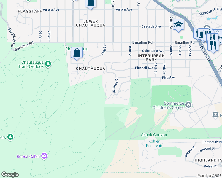 map of restaurants, bars, coffee shops, grocery stores, and more near 1405 Bellevue Drive in Boulder