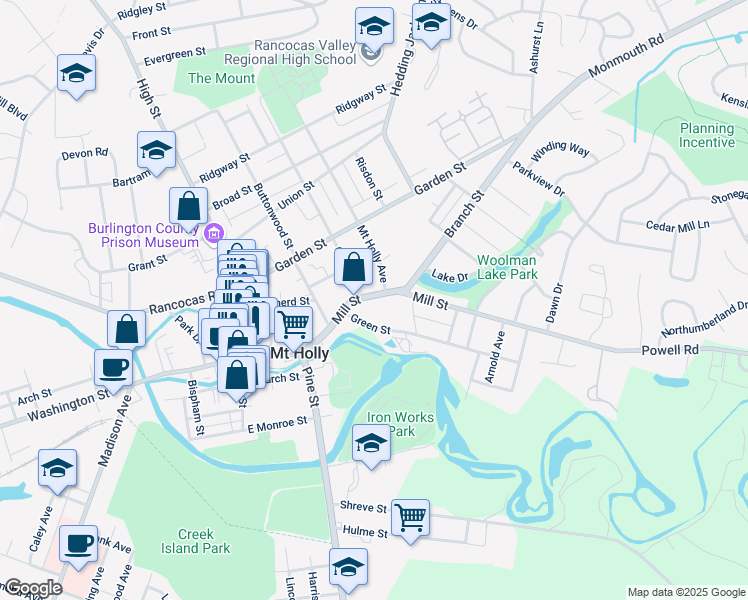 map of restaurants, bars, coffee shops, grocery stores, and more near 25 Green Street in Mount Holly