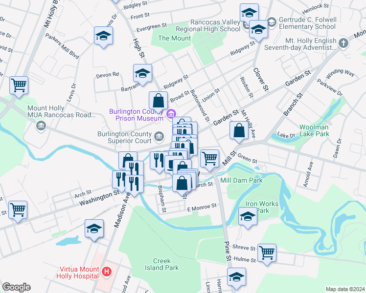 map of restaurants, bars, coffee shops, grocery stores, and more near 4 Commerce Street in Mount Holly