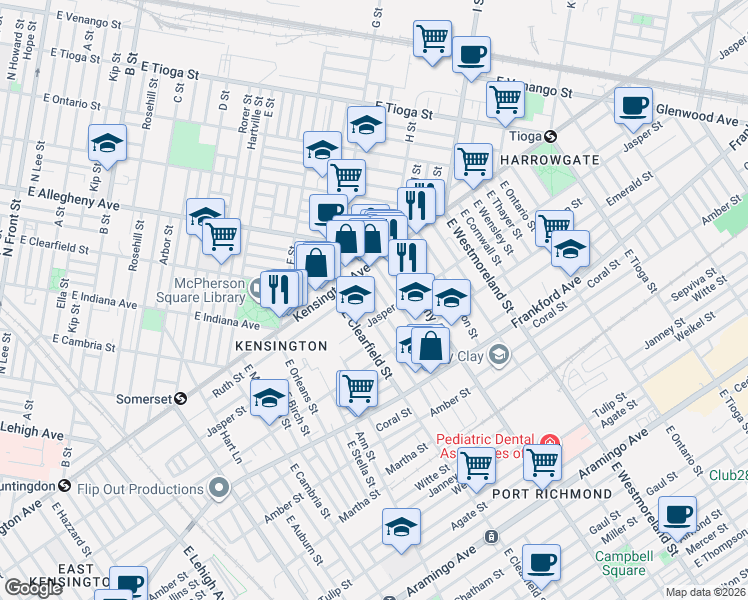 map of restaurants, bars, coffee shops, grocery stores, and more near 1860 East Clementine Street in Philadelphia