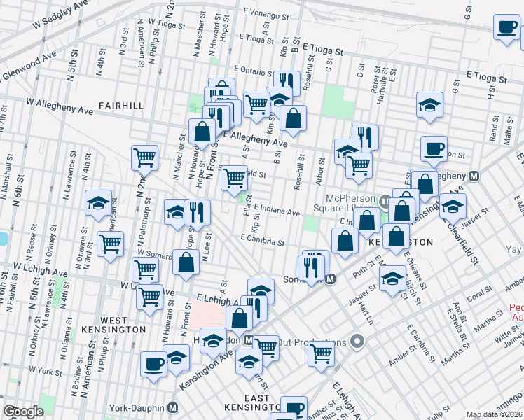 map of restaurants, bars, coffee shops, grocery stores, and more near 2959 B Street in Philadelphia