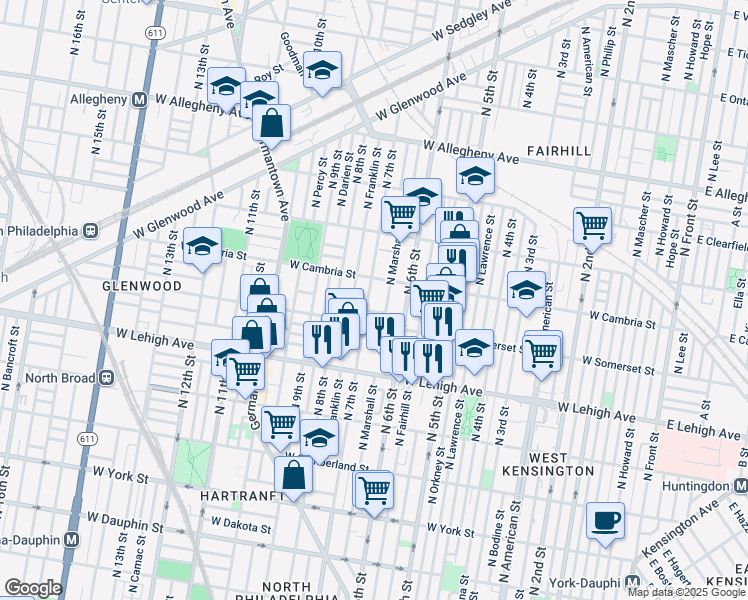 map of restaurants, bars, coffee shops, grocery stores, and more near 2837 North 7th Street in Philadelphia