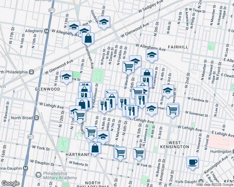 map of restaurants, bars, coffee shops, grocery stores, and more near 2809 North Franklin Street in Philadelphia