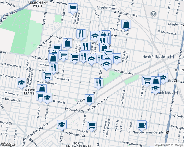 map of restaurants, bars, coffee shops, grocery stores, and more near 2606 North 23rd Street in Philadelphia