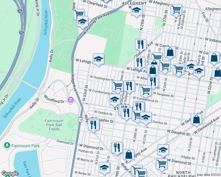 map of restaurants, bars, coffee shops, grocery stores, and more near 2506 North Corlies Street in Philadelphia