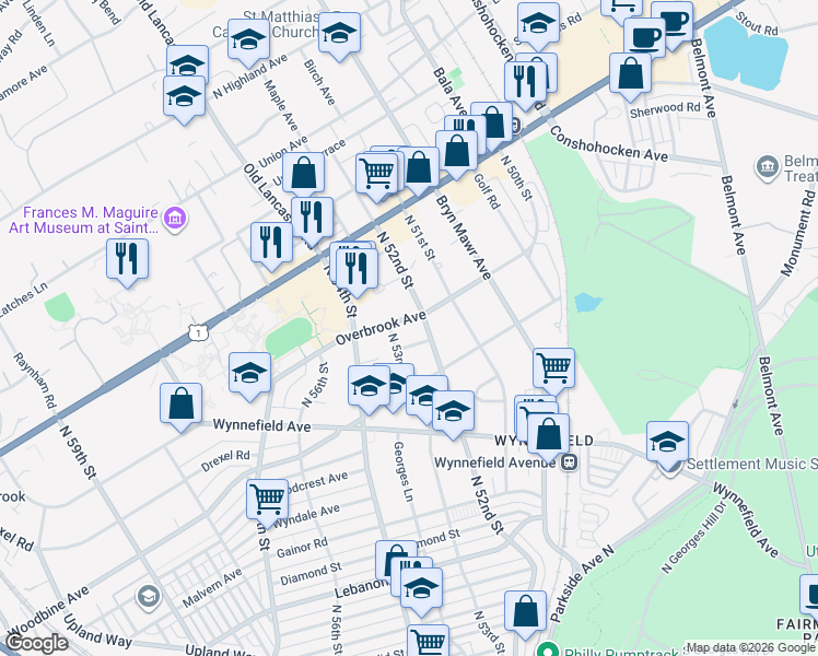 map of restaurants, bars, coffee shops, grocery stores, and more near 2417 North 53rd Street in Philadelphia