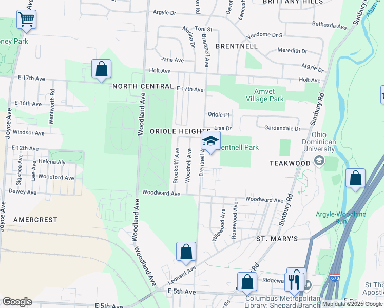 map of restaurants, bars, coffee shops, grocery stores, and more near 1265 Brentnell Avenue in Columbus