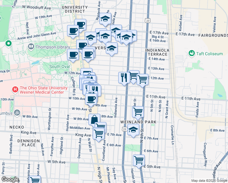 map of restaurants, bars, coffee shops, grocery stores, and more near 107 East 11th Avenue in Columbus