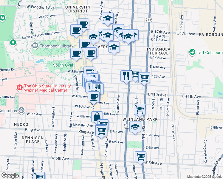 map of restaurants, bars, coffee shops, grocery stores, and more near 107 East 11th Avenue in Columbus