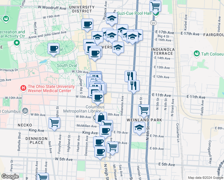 map of restaurants, bars, coffee shops, grocery stores, and more near 107 East 11th Avenue in Columbus