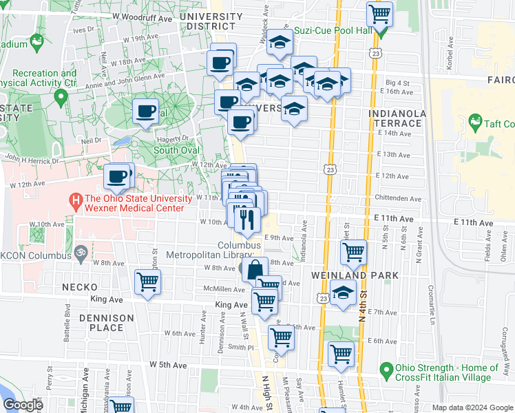 map of restaurants, bars, coffee shops, grocery stores, and more near 47 East 11th Avenue in Columbus