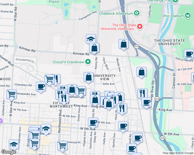 map of restaurants, bars, coffee shops, grocery stores, and more near 1725 Gerrard Avenue in Columbus