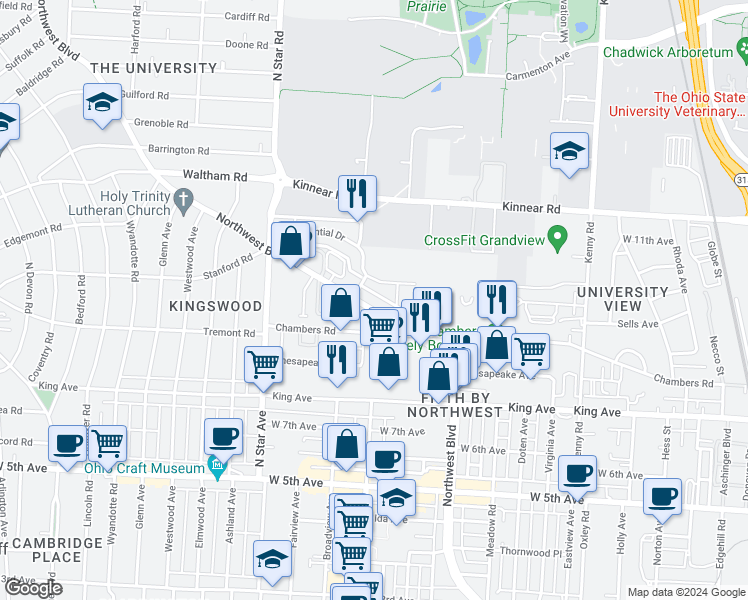 map of restaurants, bars, coffee shops, grocery stores, and more near 1805 Northwest Boulevard in Columbus