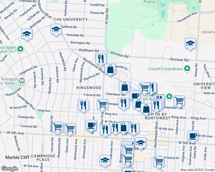 map of restaurants, bars, coffee shops, grocery stores, and more near 1795 Northwest Court in Columbus