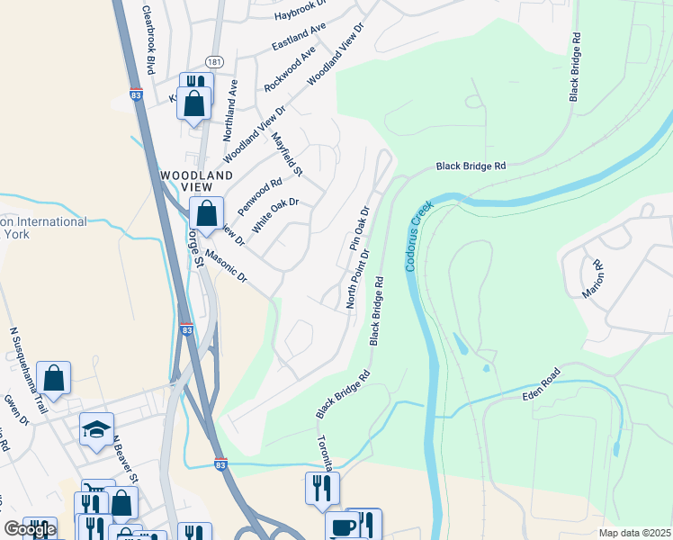 map of restaurants, bars, coffee shops, grocery stores, and more near 2495 Pin Oak Drive in York