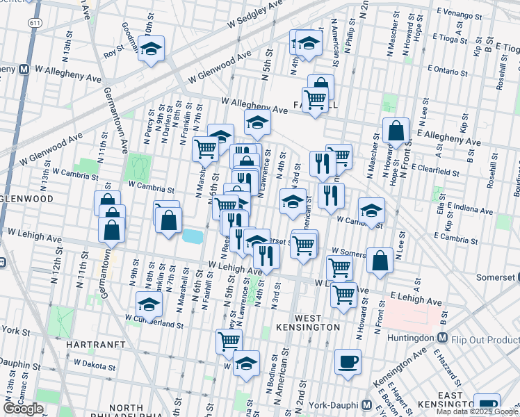 map of restaurants, bars, coffee shops, grocery stores, and more near 424 West Cambria Street in Philadelphia