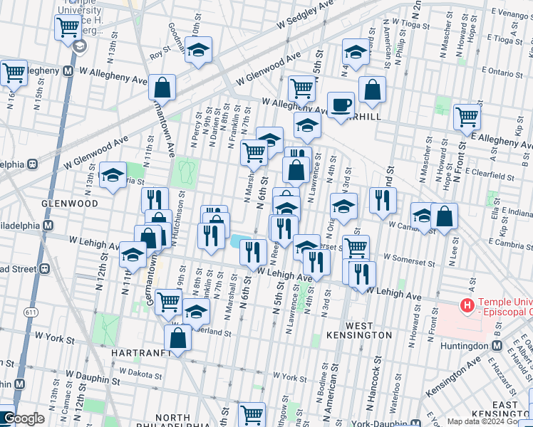 map of restaurants, bars, coffee shops, grocery stores, and more near 2850 North Fairhill Street in Philadelphia
