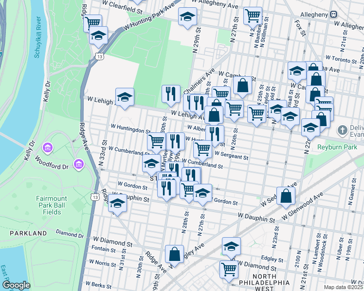 map of restaurants, bars, coffee shops, grocery stores, and more near 2543 North 29th Street in Philadelphia