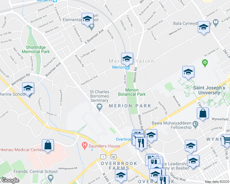 map of restaurants, bars, coffee shops, grocery stores, and more near 662 South Highland Avenue in Merion Station