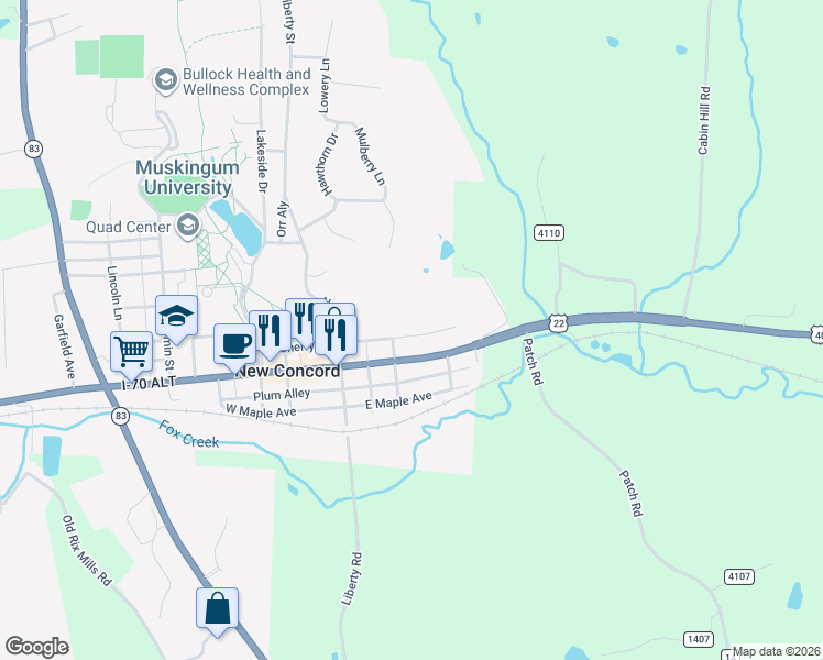 map of restaurants, bars, coffee shops, grocery stores, and more near 110 Cherry Lane in New Concord