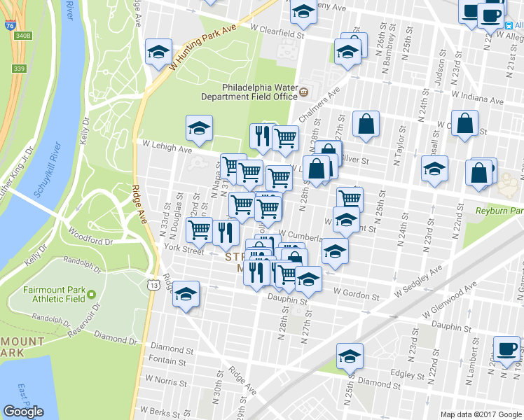 map of restaurants, bars, coffee shops, grocery stores, and more near 2540 North Hollywood Street in Philadelphia