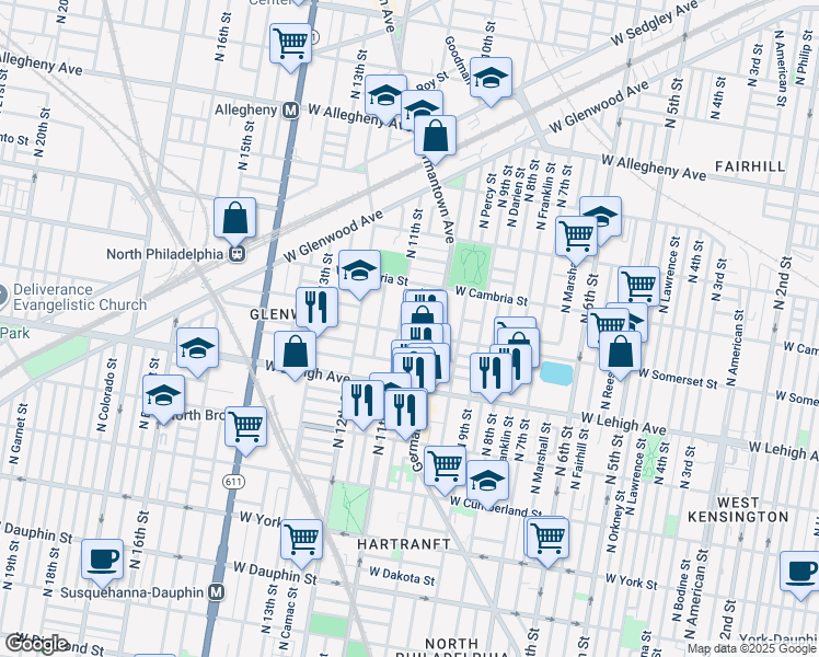 map of restaurants, bars, coffee shops, grocery stores, and more near 1023 West Somerset Street in Philadelphia