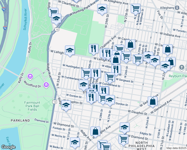 map of restaurants, bars, coffee shops, grocery stores, and more near 2540 North Hollywood Street in Philadelphia