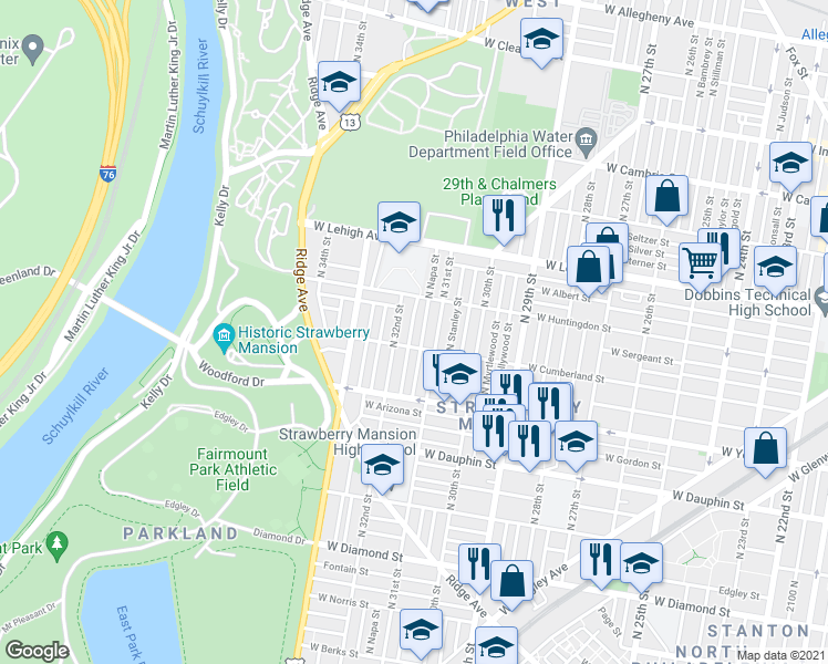 map of restaurants, bars, coffee shops, grocery stores, and more near 2521 North Patton Street in Philadelphia