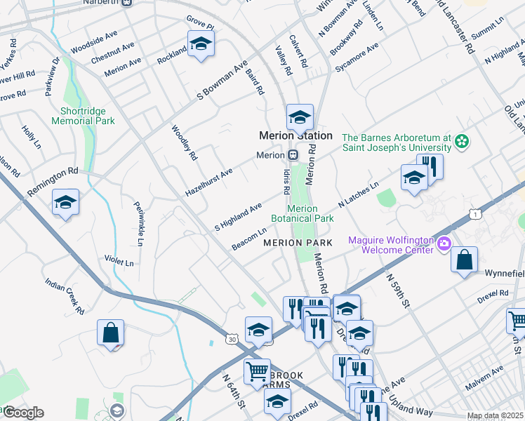 map of restaurants, bars, coffee shops, grocery stores, and more near 662 South Highland Avenue in Merion Station