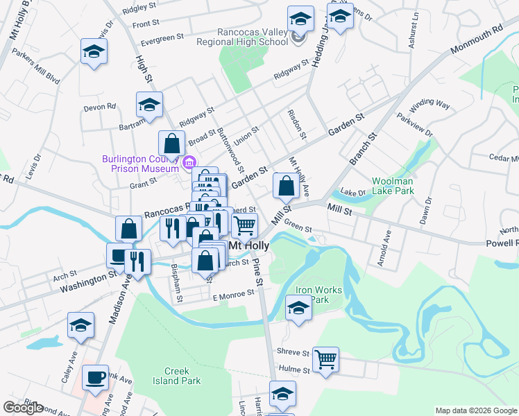 map of restaurants, bars, coffee shops, grocery stores, and more near Buttonwood St & Brainerd St in Mount Holly