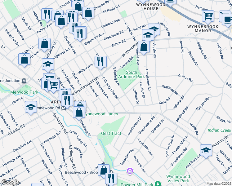 map of restaurants, bars, coffee shops, grocery stores, and more near 2209 East County Line Road in Ardmore
