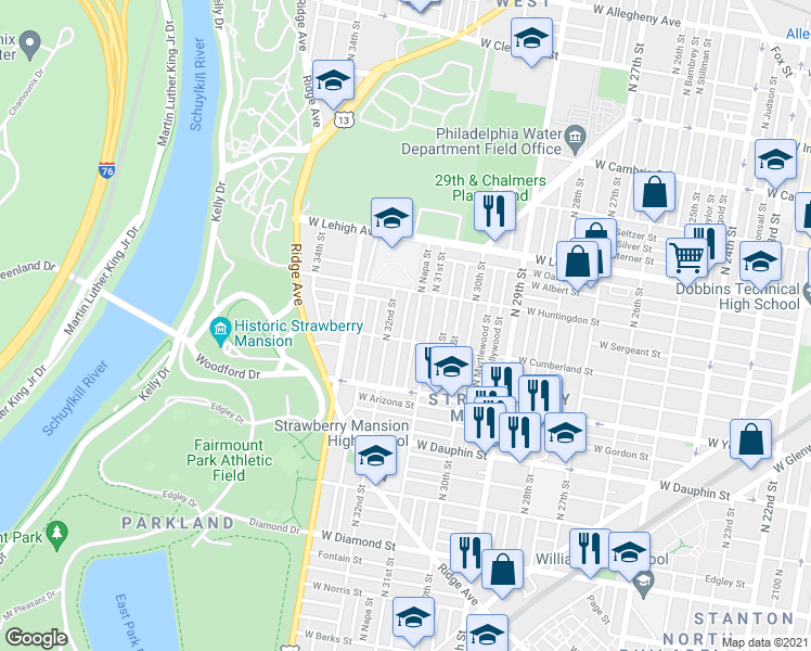 map of restaurants, bars, coffee shops, grocery stores, and more near 2521 North Patton Street in Philadelphia