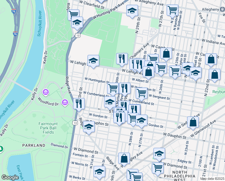 map of restaurants, bars, coffee shops, grocery stores, and more near 2533 North Corlies Street in Philadelphia