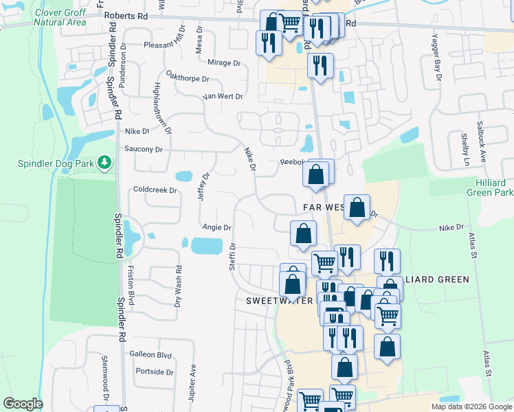 map of restaurants, bars, coffee shops, grocery stores, and more near 5656 Scotty Court in Hilliard