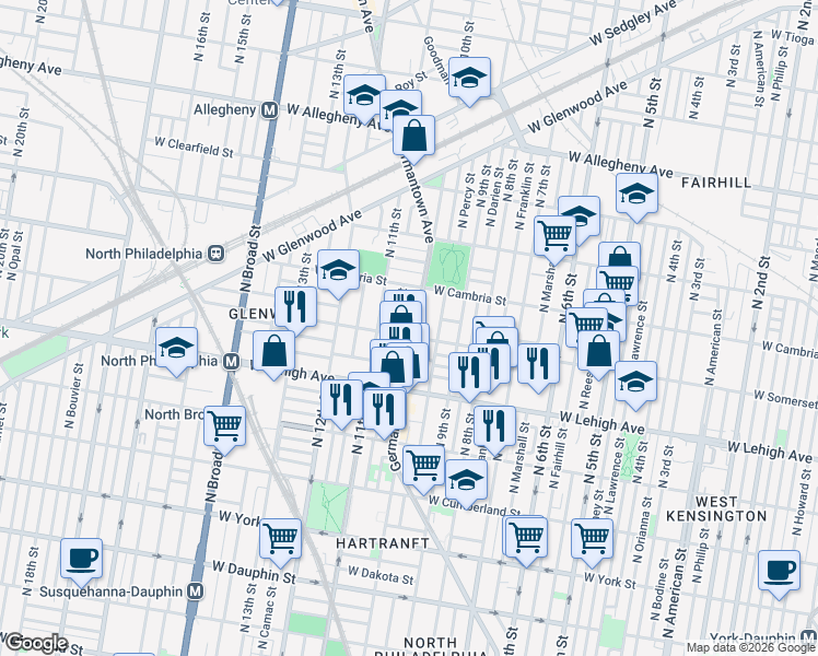 map of restaurants, bars, coffee shops, grocery stores, and more near 932 West Somerset Street in Philadelphia