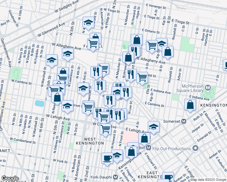 map of restaurants, bars, coffee shops, grocery stores, and more near 2911 North Mascher Street in Philadelphia
