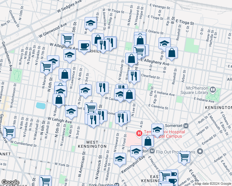 map of restaurants, bars, coffee shops, grocery stores, and more near 2932 North Mascher Street in Philadelphia
