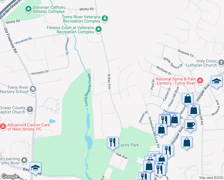 map of restaurants, bars, coffee shops, grocery stores, and more near 12 Palmetto Drive in Toms River